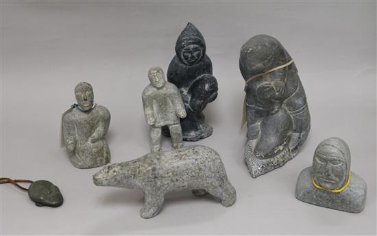 A group of Inuit soapstone carved figures tallest 16.5cm